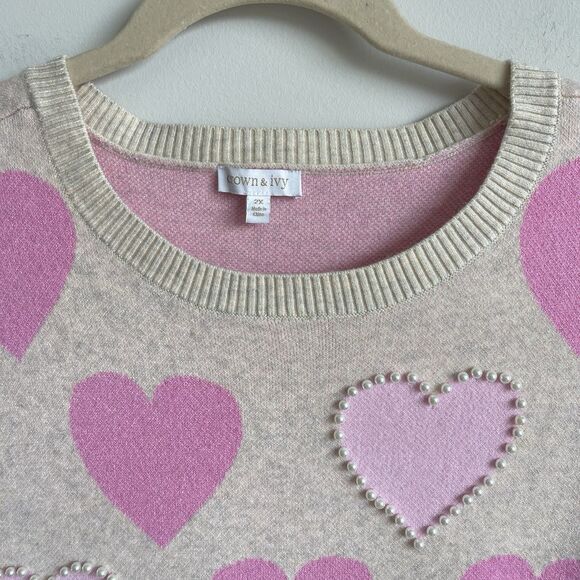 Crown & Ivy Women's Plus Size 2X Pink Heart Pearl Embellished Sweater Preppy - Picture 2 of 14